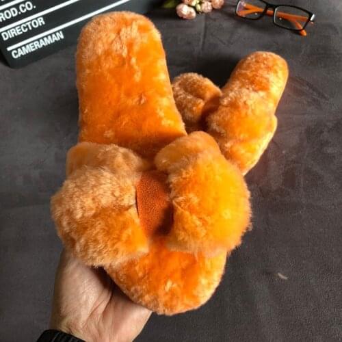 Natural sheep fur Plush Slippers Female Outer Wear FlatAnti-Slip Wool Leather and Fur in One Fashion Bow Orange-Line