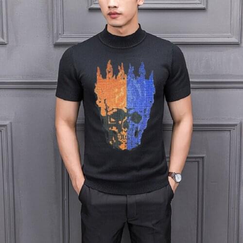Knitted T-Shirt Autumn Custom Mens Sweater Casual Hot Rhinestone Popular Cashmere Short Sleeve Round Neck High Quality