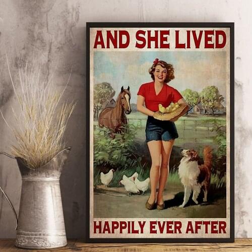 Vintage Canvas Painting Farm Girl With Dog Chicken Horse Poster Print She Lived Happily Ever After Quote Wall Art Home Decor