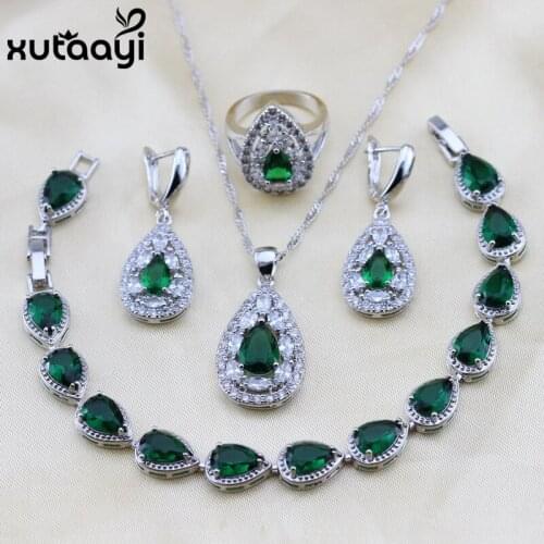 XUTAAYI Top Quality Silver colorColor Jewelry Sets Green Imitated Emerald Fancy Necklace/Rings/Earrings/Bracelet Wedding Jewelry