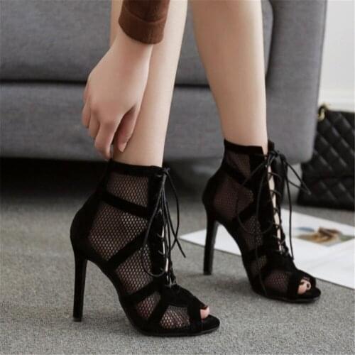 Hot Womens High Quality Air Mesh Sandals Sexy 11.5 cm High Heels Open Toe Gladiator Summer Dancing Shoes Plus Size 42 Boots