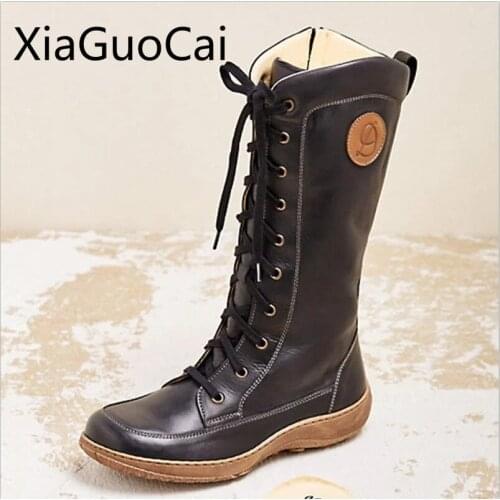Big Size 35-43 Pu Leather Women Long Boots Rubber Sewing Outdoors Women Snow Boots Plush Ladies Mid-calf Boots