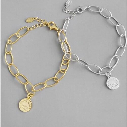 Korean Style 100% S925 sterling silver Geometric English round tag Coin chain womens bracelet student chain Bangle