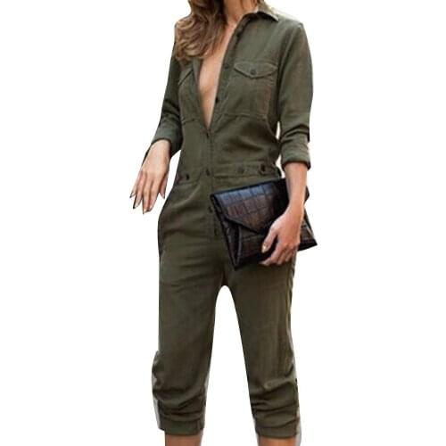 2020 New Women Solid Color Long Sleeve Shirt Leg Pants Pockets Romper Overalls Pants Bodysuit Jumpsuits Casual