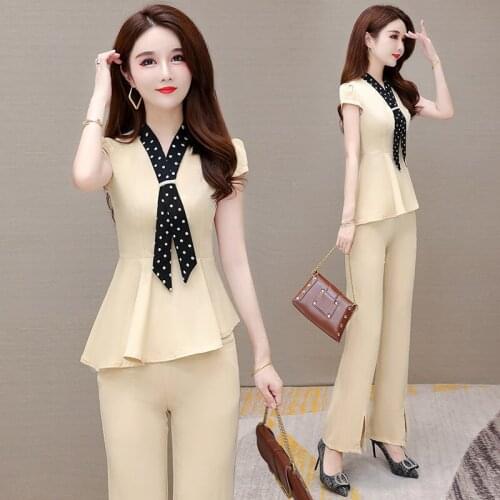 Women Casual Solid Color With Dot Ribbons Short Sleeves Top Asymmetric Design Long Pants Two Pieces Set M-4XL