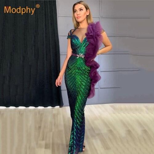 Elegant Sequins Women Long Dress Green Sexy Sleeveless Ruffle Diamond Evening Party Dress Female 2020 Fashion New