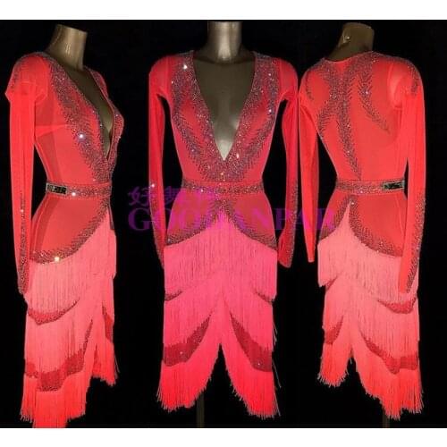 Latin dress fringe Latin dance dress competition Latin dance costume Red good stone Rumba dress Sexy dance dress GOODANPAR