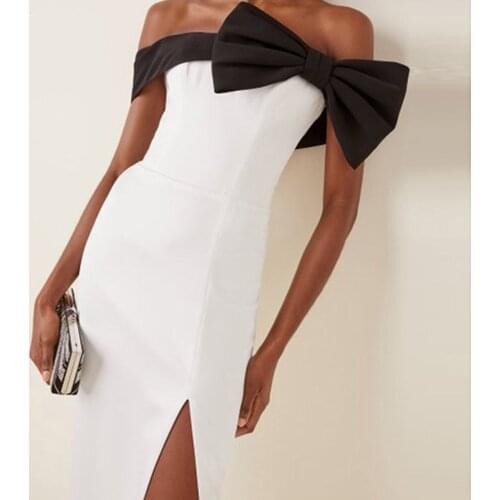 High Street White Patchwork Off Shoulder Bow Sleeveless Midi Bandage Dress Elegant Sexy Slim Split Backless Evening Party Dresse