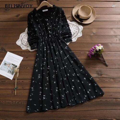 Vintage Woman Chiffon Dress 2021 Spring Autumn Elegant V-neck Ruffles Floral Printed Dresses For Women High Waist Party Vestidos