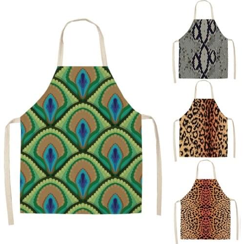 1 Pcs Leopard Print Kitchen Aprons for Women Men Home Cooking Baking Waist Bib Cotton Linen Pinafore Cleaning Tools