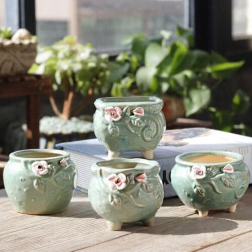 2pcs/set or 4pcs/set Ceramic Flowerpot Coarse Pottery Flower Pattern Succulent Plant Pot Vase Planter Garden Balcony Decor