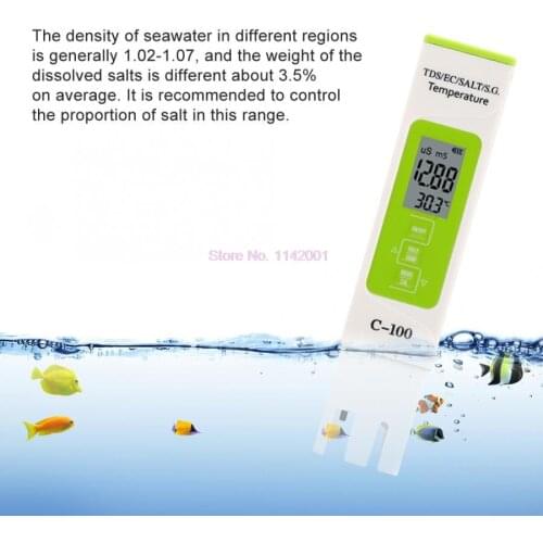 20Pcs C-100 5 in 1 Salinity TDS EC Seawater Tester Multifunction Water Quality Tester with Backlight Swimming Measuring Tool