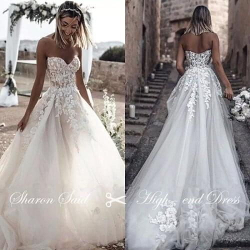 2021 Vintage Lace Boho Wedding Dresses A Line Sweetheart See Through Tulle Crystal Beaded Hippie Beach Bridal Gowns Sharon Said