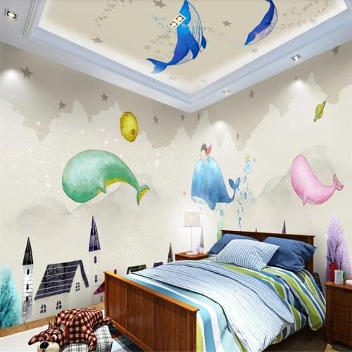 Milofi Custom 3D Wallpaper Mural Hand-painted Cartoon Cute Whale Castle Theme Space Whole House Background Wall