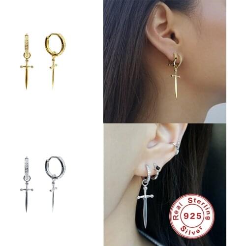 Aide Luxury Real 925 Sterling Silver Baroque Pave Zircon Dagger Cross Pendant Drop Earrings for Women Retro Punk Fine Jewelry