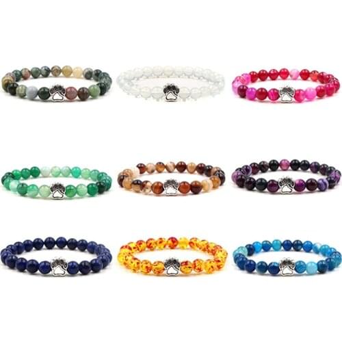 Dog Cat Footprint Paw Bracelet 6mm Coloured Natural Stone Beads Bracelets Pet Lover Stretch Jewelry 9 Colors