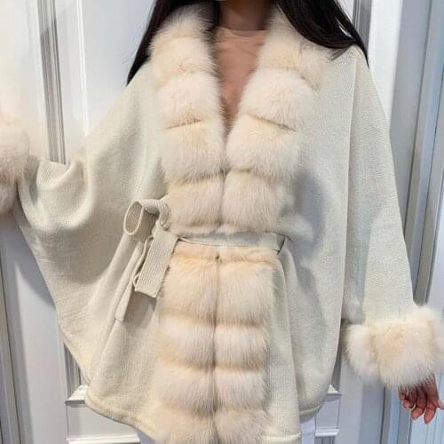 Rex Rabbit Fur Trim Mid-Length Cardigan Poncho 2021 New Autumn Fashion Bat Type Coat