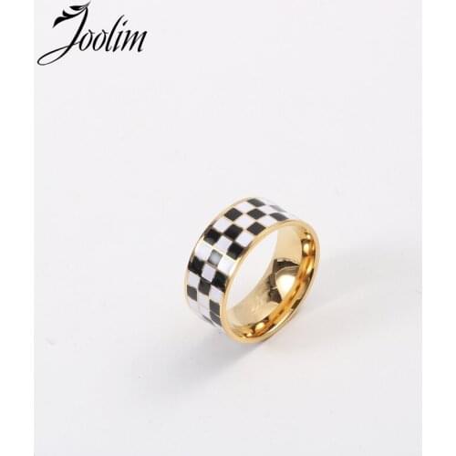 Joolim High End 18K Gold PVD Symple Black And White Check Rings for Women Stainless Steel Jewelry Wholesale