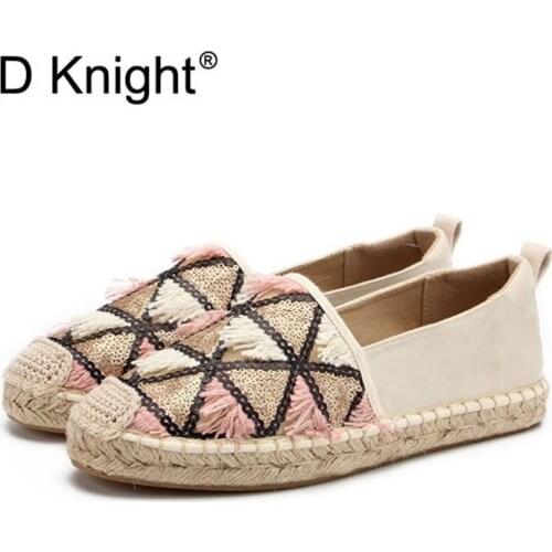 Spring Color Block Women Loafers Cane Hemp Straw Fisherman Flat Heels Shoes Espadrilles Woman Lazy Flat Zapatos Mujer Size 36-41