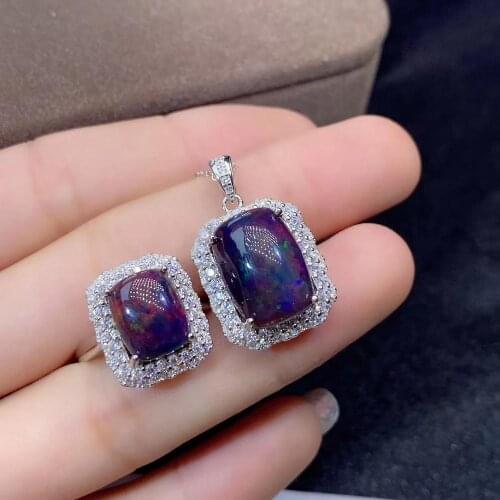 The best gift for engagement Black Opal jewelry set Natural Real Black Opal 925 sterling silver 1pc pendant,1pc Ring