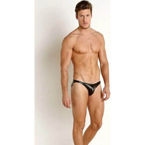 Mens low-waist triangle imitation leather underwear U bump bag tight briefs show sexy thong T pants black