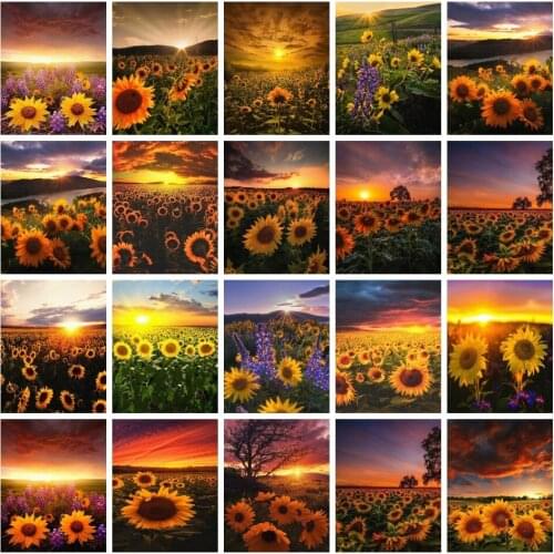 AZQSD Landscape Painting By Numbers For Adults Sunflower Sunset On Canvas With Framed Oil Picture Drawing Coloring By Number