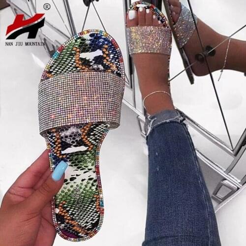 NAN JIU MOUNTAIN Handmade Rhinestone Sandals Summer Womens Slippers Bright Color Comfortable Sole Plus Size Woman Shoes