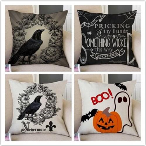 Halloween Black Crow Letter Printed Cushion Cover Treat or Trick Cartoon Spider Home Decorative Sofa Car Chair Throw Pillow Case