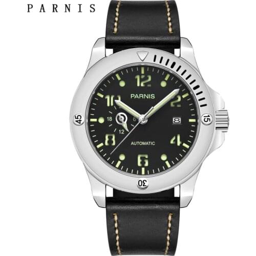 New Parnis Mens Automatic Mechanical Watch Silver Case Luminous Green Scale Calendar Men Watches montre homme luxe grande marque