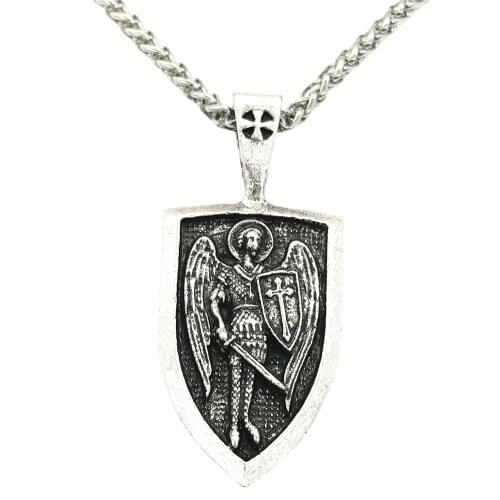 Nostalgia Angel Shield Necklace Men Viking Warrior Archangel Michael Protection Amulet Russian Orthodox Cross Pendant Jewelry