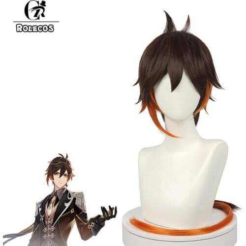 ROLECOS Genshin Impact Zhongli Cosplay Wig 90cm Long Brown Orange Wig Cosplay Anime Wigs Heat Resistant Synthetic Wigs