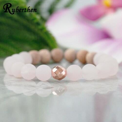 Ruberthen Rose Quarz Bracelet Anxiety Relief Bracelet Healing Crystals Natural Sandalwood Negative Energy Protection Jewelry