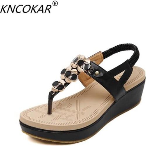 In the summer wedge flat beach shoes pinch Bohemia diamond heel clip toe Roman sandals women