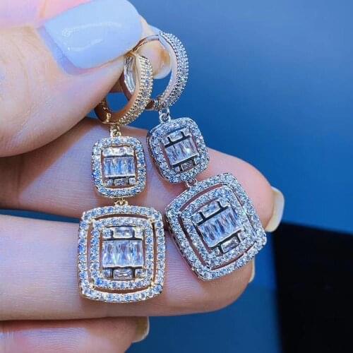Trendy Luxury square shape dangle Earrings For Women Wedding Cubic Zircon CZ Dubai Bridal Earring Bohemia Hot E9491