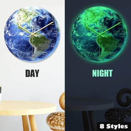 Creative 3D Acrylic Luminous Earth Wall Clock Glow In The Dark Silent Numbers Earth Hanging Clock for Bedroom Home Decor 30cm