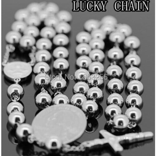Heavy 8mm Round Ball 30''+5.5'' High Polished Pure Stainless Steel Rosary Chain Crucifix Cross Necklace For Mens Jewelry