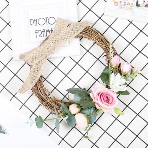 Burlap Knot Rose Flower Wreath Valentines Day Wedding Home Camellia Decoration Handmade Rattan Ring Spring Fresh Decoration