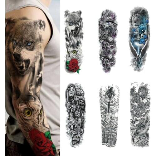 Waterproof Temporary Tattoo Sticker Full Arm Large Lion Tatoo Stickers Skull Wolf Fake Tattoo Temporary Men Flash Fake Tattoos