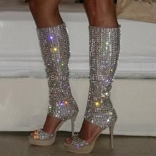 Spring Summer Ladies Bling Bling Shoes Glitter Rhinestone Studs Cut Outs High Heeled Long Bota Crystal Platform Knee High Boots