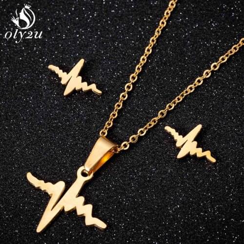 Oly2u Stainless Steel Heartbeat Gold Necklace Earrings for Women Jewelry Sets ECG Heart Beat Necklace Stud Earrings brincos