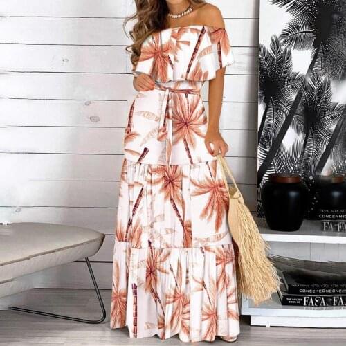Subtropical Style Women Leisure Dress Printing High Waist Short Sleeve Off Shoulder Ruffle Stitching Dress for Beach