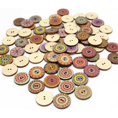 50pcs 20mm/25mm wooden buttons mixed printed Decorative buttons for Decorative children clothes flat back sewing buttons