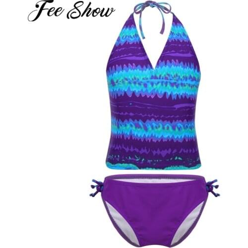 Summer Kids Teens Two-piece Tankini Swimsuit Children Girls Colorful Digital Printed Swim Tops Briefs Bikini Set Bathing Suits