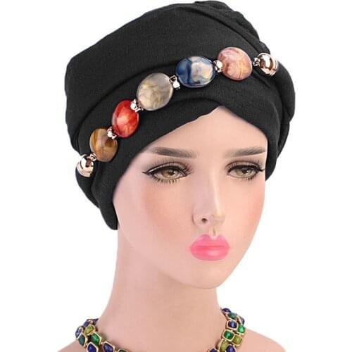 Muslim Beading Stretch Turban Ruffle Hair Hats Beanie Bandanas Scarf Head Wrap Headwear for Women 23