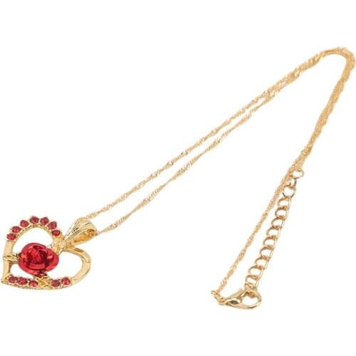 Red Rose Love Heart Pendant Necklace Female Fashion Elegant Jewelry Romantic Gift Fashion Gold Color Chain Crystal Necklaces