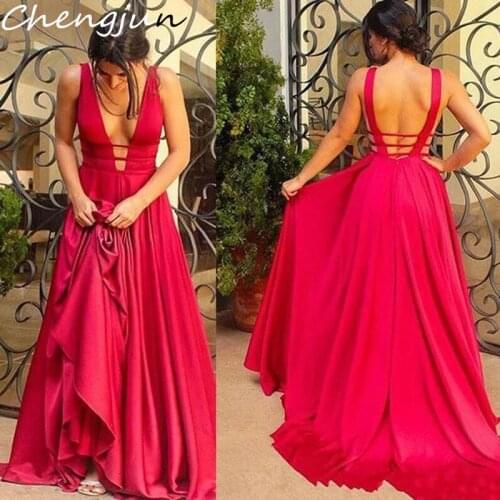 Chengjun Red Backless Deep V Neck Corest Waist A Line Sexy Long Prom Dresses