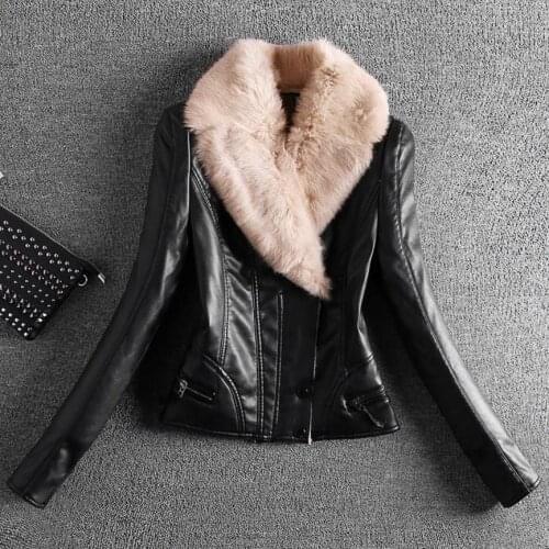 New Spring And Winter Leather Short Rabbit Fur Collar PU Leather Jacket plus size 4XL