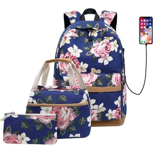 2019 USB Charging Fashion print Canvas Travel Backpack 3Pcs/set Schoolbag For Teen Girls Student Laptop backpack womens bags