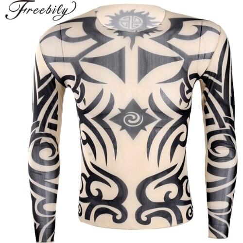 Autumn Fashion Mens t shirt Fake Tattoo Design Elastic See Through Full Long Sleeve O-Neck T-Shirt for Mens Halloween Clothing