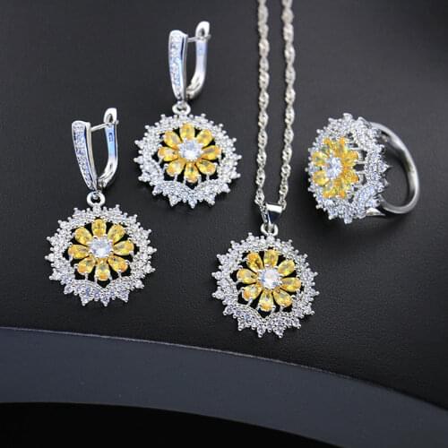 Shiny CZ Small daisies Square Silver Color Jewelry Set For Women Drop Earrings Ring Necklace Set Big Sale Fast Ship